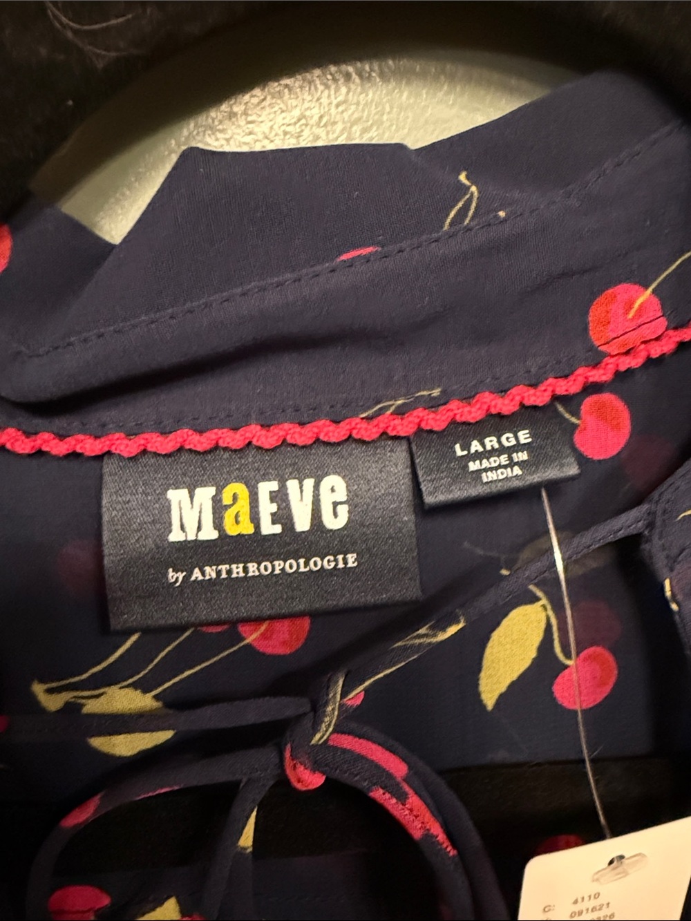 Anthropologie Navy Cherry-Print Tie-Neck Blouse - Picture 3 of 9